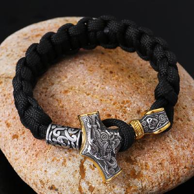 Norse Vikings Stainless Steel Bracelet Thor Mjolnir Hammer Rope Wrap Handmade Jewelry Gift for Men Women