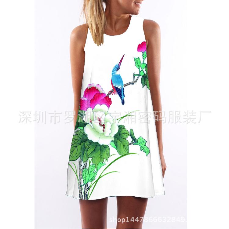 European and American Hot-selling New Digital Printing Round Neck Big Pendulum Loose Off-the-shoulder Medium and Long Vest Sleeveless Dress