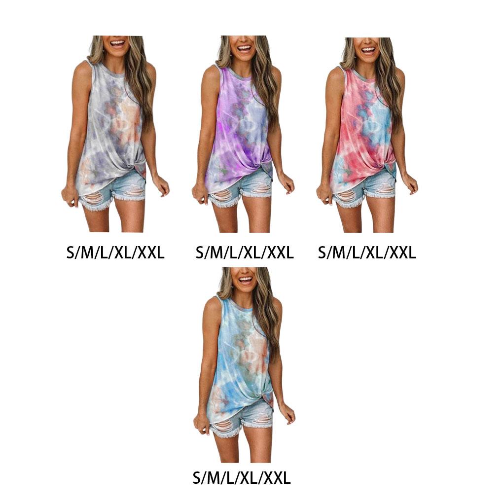 Women Tie Dyed Printed Twisted Hem Crew Neck Sleeveless Tank Top