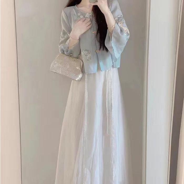 

Китайский ханьфу женский летний набор для чайной церемонии из двух предметов: Топ и платье в стиле тансюит S