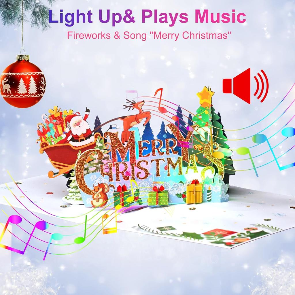 Merry Christmas Cards, Light Music Christmas Card, 3D Pop Up Xmas Card