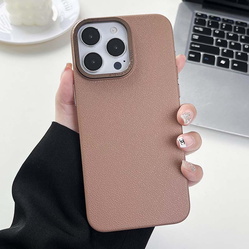 Matte Titanium gray Lichee leather pattern phone case for iPhone 16 15 14 13 12 11 Pro Max metal lens frame shockproof hard case