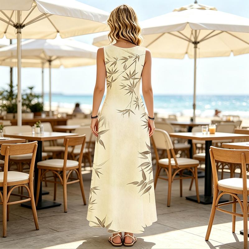 Vintage Bamboo Leaf Print Sleeveless Maxi Dress, Round Neck Loose Flowy Long Dress For Women