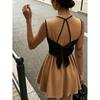 European New Summer Apricot Black Wave Webbing Waist Sleeveless Round Neck Short Dress