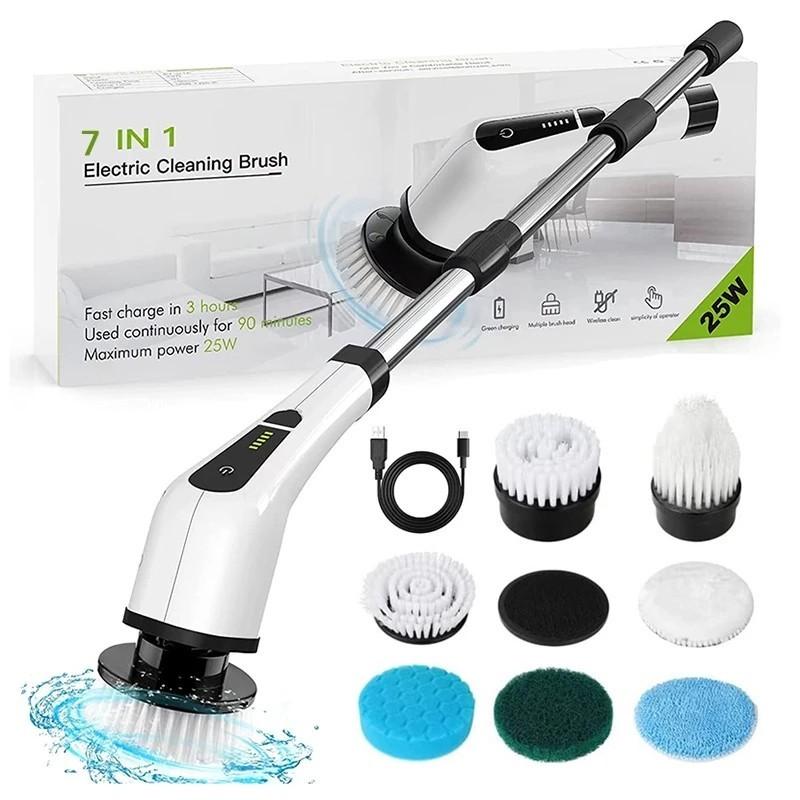 7 In 1 Kitchen Bathroom Cleaning Tools Wireless Electric Cleaning Brush White Window Wall Cleaner Electric Turbo Scrub Brush Rotating Scrubber