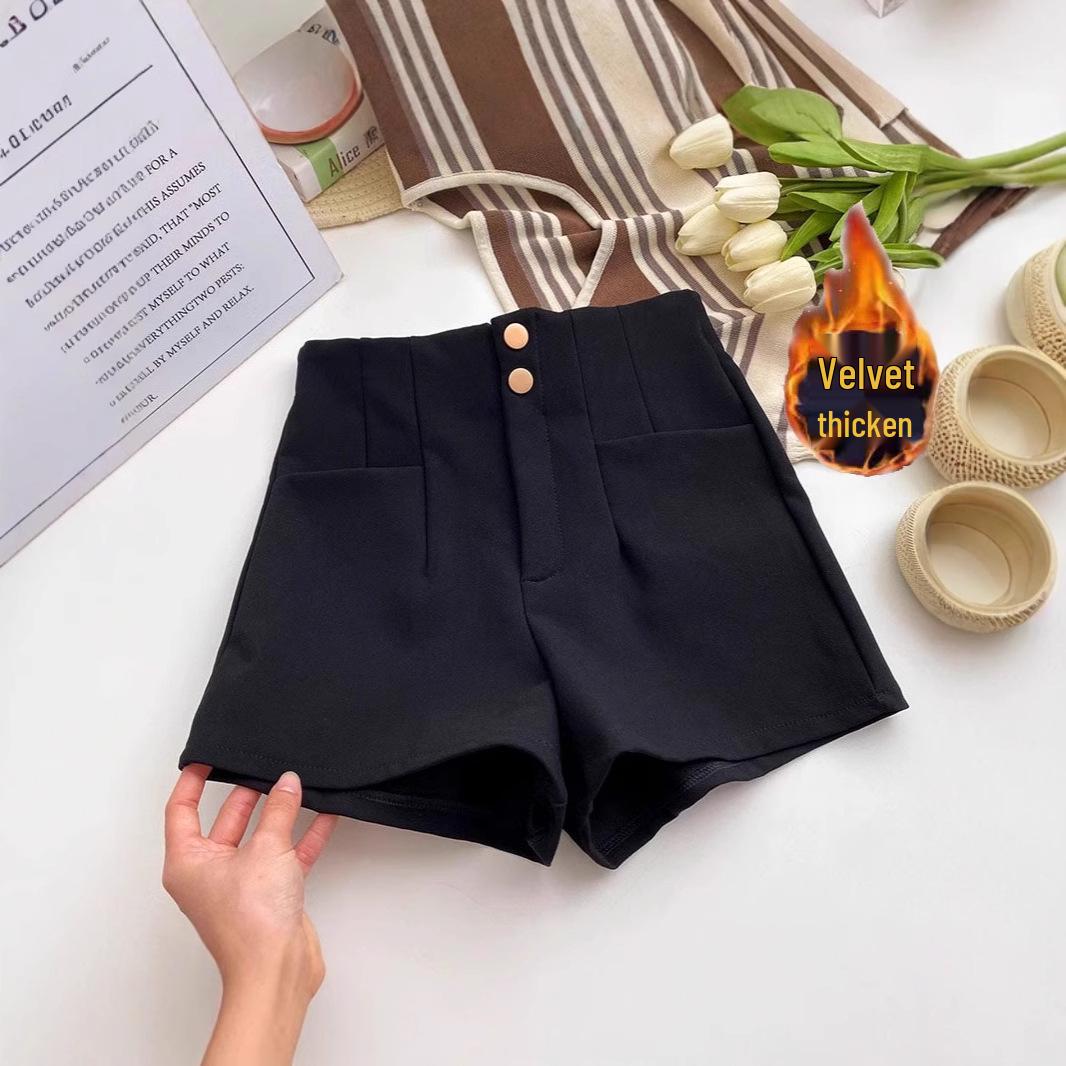 

Slimming Women s High Waist Fleece-lined A-line Black Suit Shorts 2XL