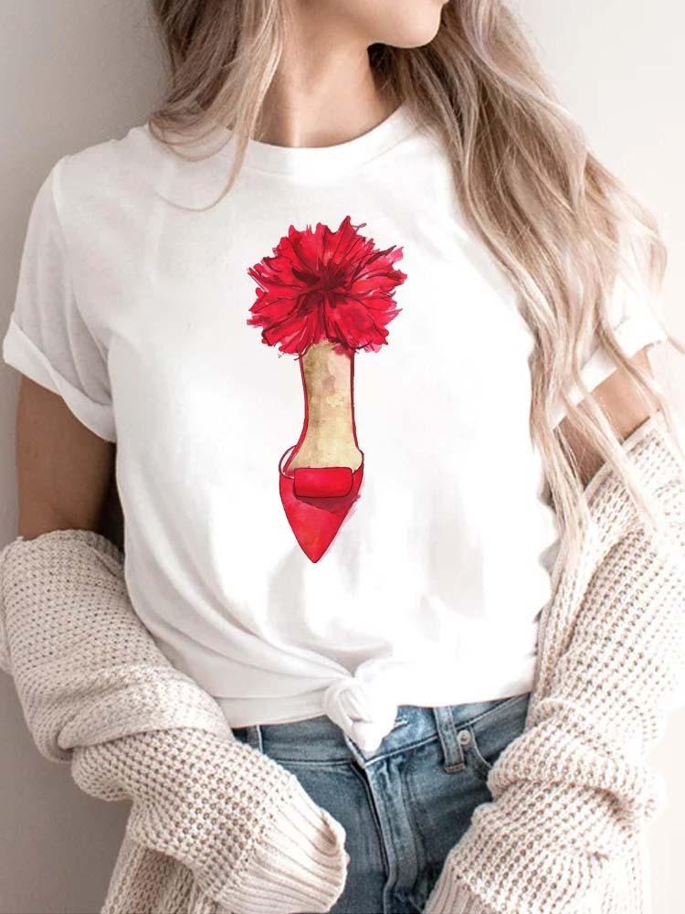 Modisches bedrucktes High-Heel-T-Shirt für Damen Modisches weißes Kurzarm-T-Shirt mit Schleifendesign Lässiges Home-Top für Mädchen