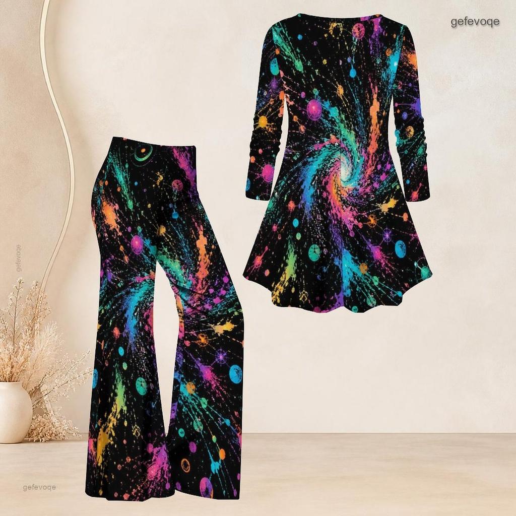Women Plus Size V Neck Three Quarter Sleeve Colorful Printed Flared Top And Flared Pants Two Piece Set