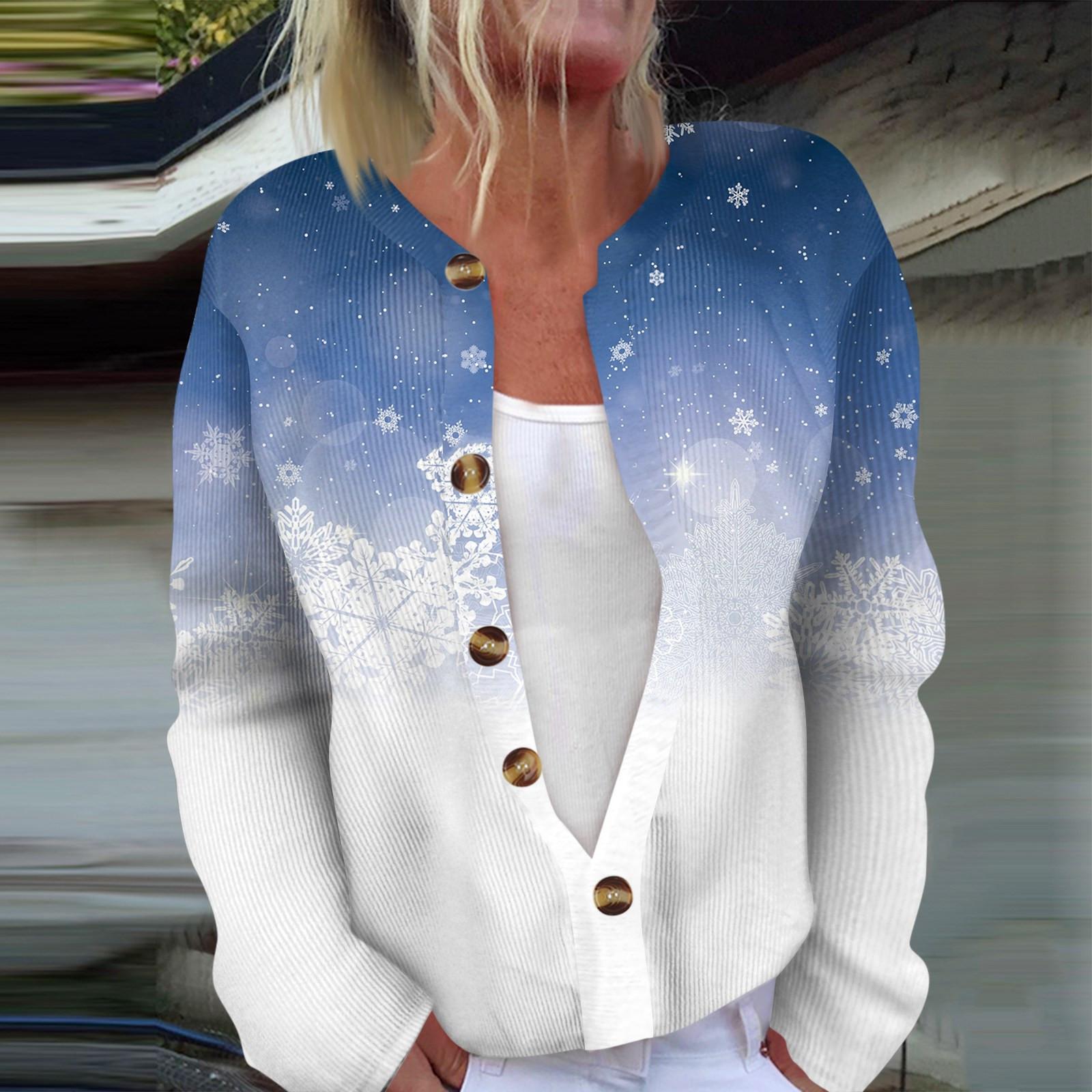 

Женская мода с длинным рукавом, рождественский принт «Снеговик-снежинка», куртка, кардиган L тёмно-синий