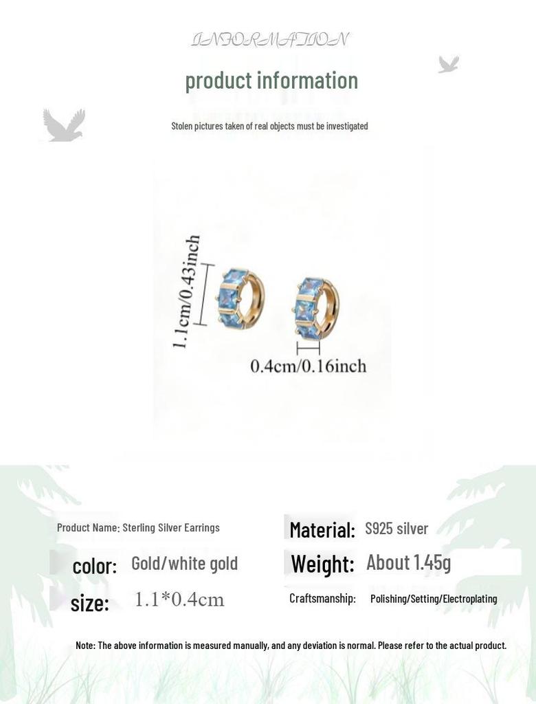 18K Gold-Plated S925 Sterling Silver Earrings, Geometric Blue Zirconia, Retro Versatile Design