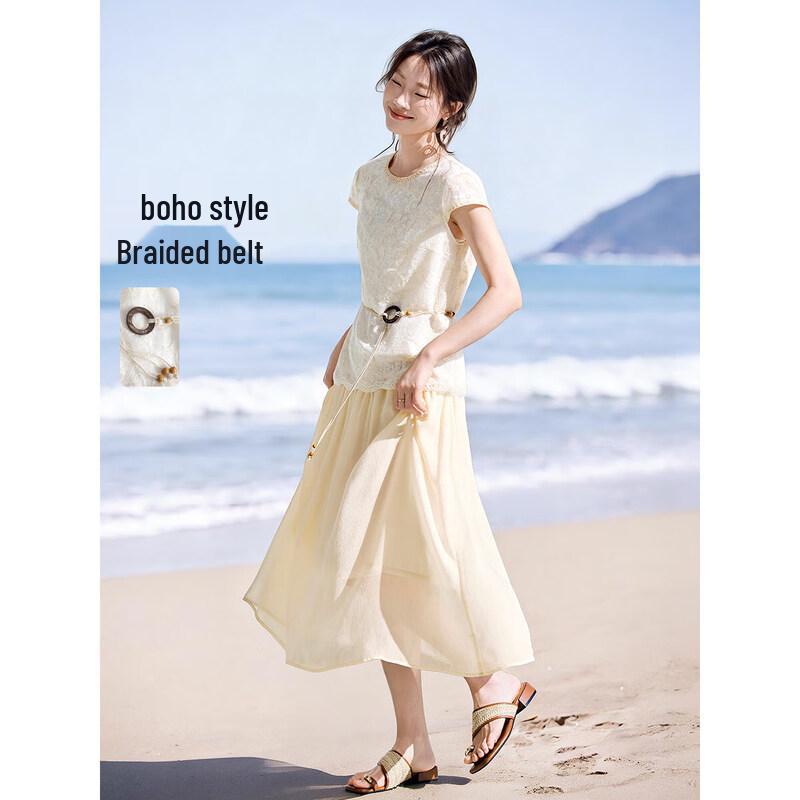 Mohan Yimei Gentle Resort Lace Patchwork Flowy Midi Dress L