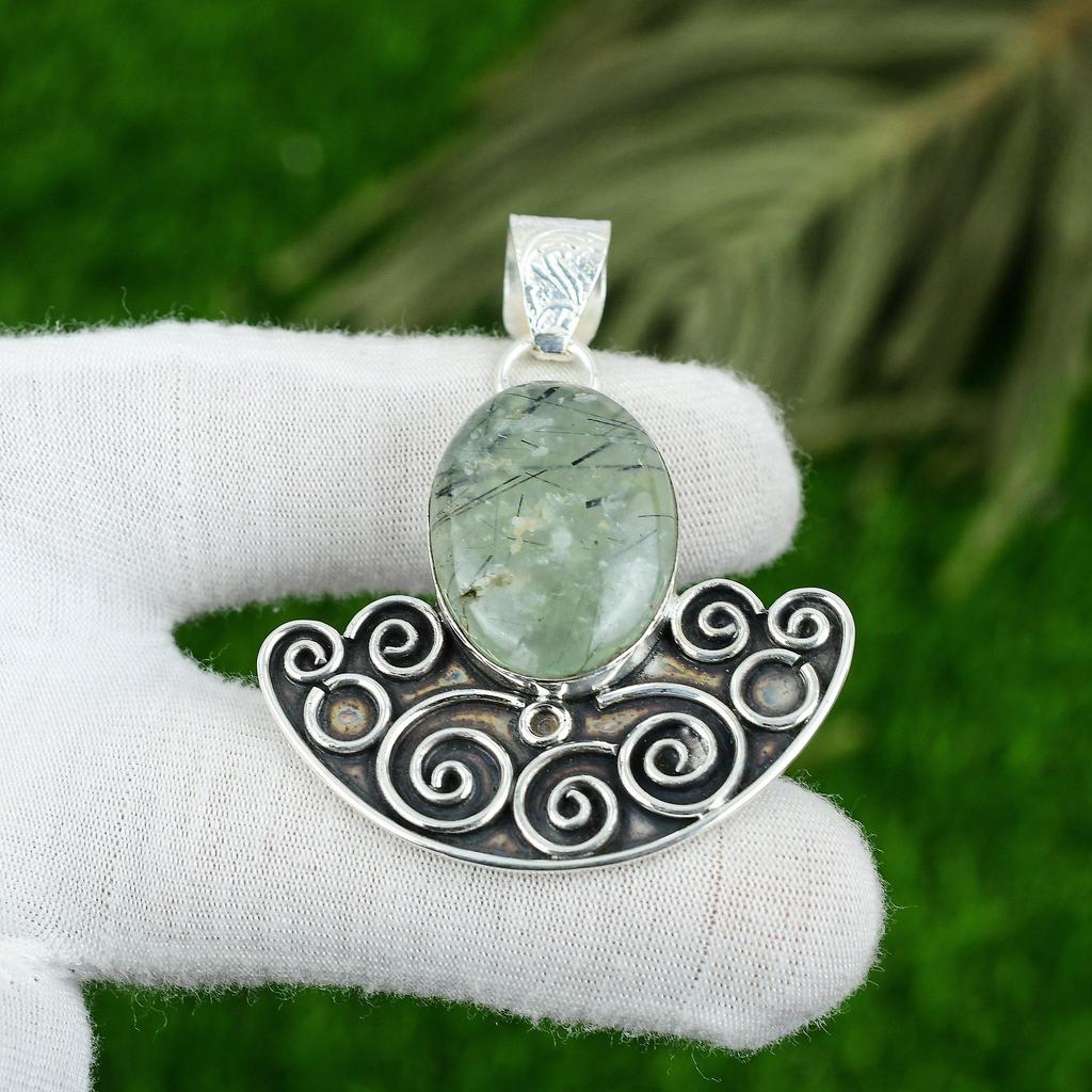 Natural Moss Prehnite Gemstone Pendant 925 Sterling Silver Jewelry For Girls