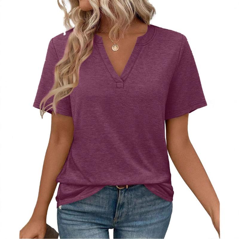 Women Casual Solid Color V Neck Loose Short Sleeve T Shirt Top