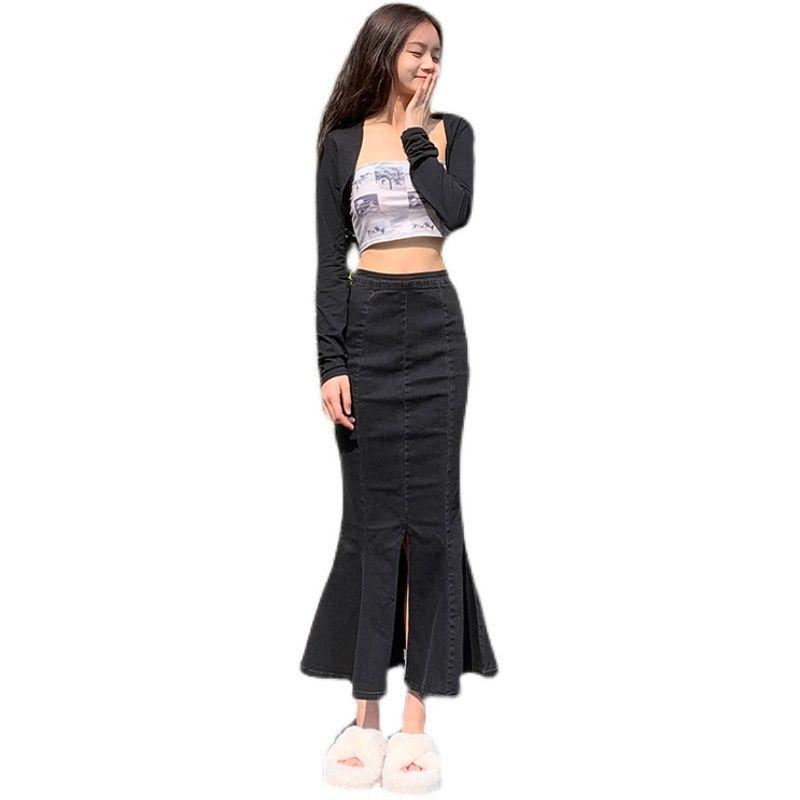 High-Waisted Ruffled Denim Fishtail Skirt for Women - Mid-Length, Elastic, Perfect for Autumn/Winter 2022