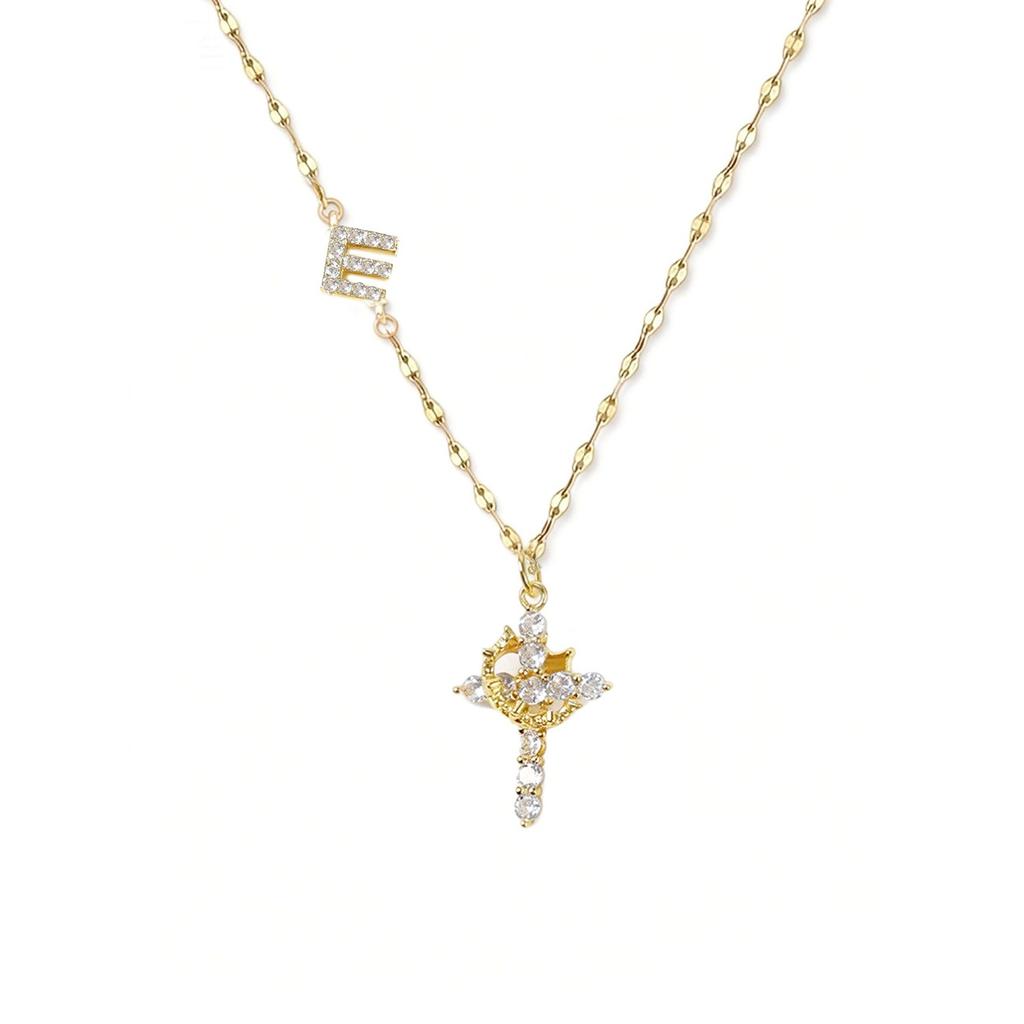 Full Diamond Rotatable Crown Cross with 26 Letter Copper Gold Plated Jewelry Accessory Necklace