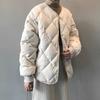 Women's Autumn Winter Solid Color Diamond Pattern Collarless Crew Neck Fashion Short Cotton Padded Jacket Lightweight Cotton Coat Outerwear