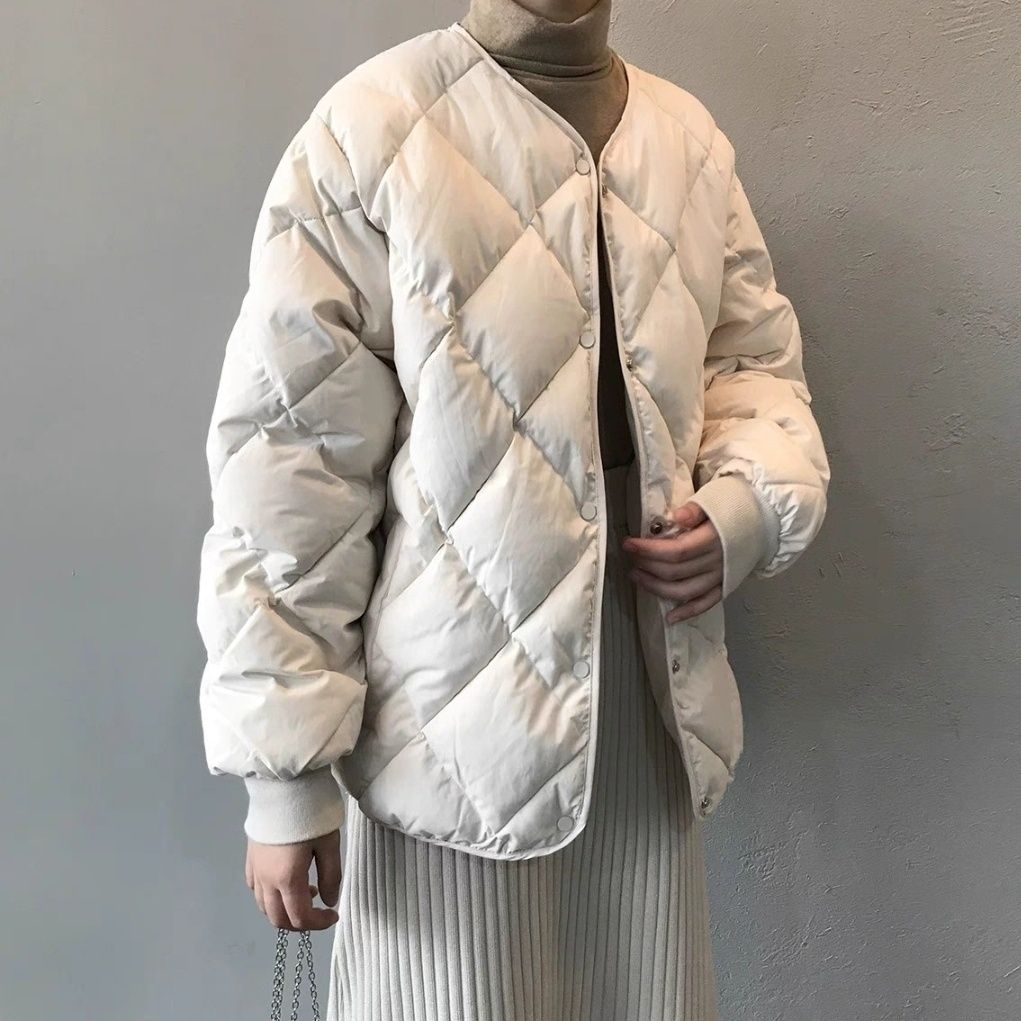 Women's Autumn Winter Solid Color Diamond Pattern Collarless Crew Neck Fashion Short Cotton Padded Jacket Lightweight Cotton Coat Outerwear
