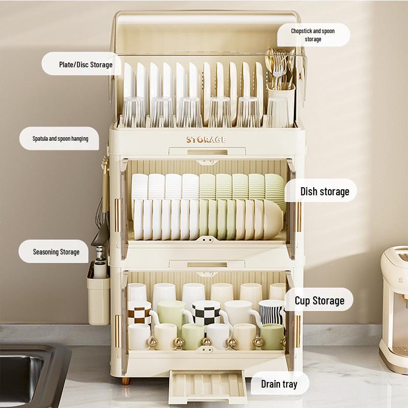 Foldable Multi-Layer Plastic Storage Cabinet with Lid - Organize Bowls, Plates, Baby Bottles, and Cups Dust-Free