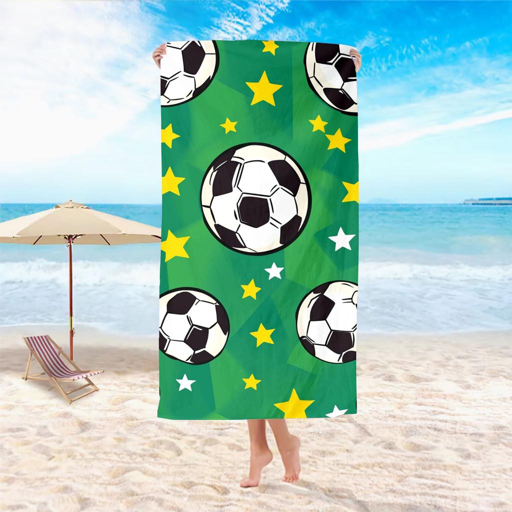 One Piece of Microfiber Beach Towel Featuring a Large Soccer Print, Designed for Quick Drying And Sand-Free Use.It'S Lightweight