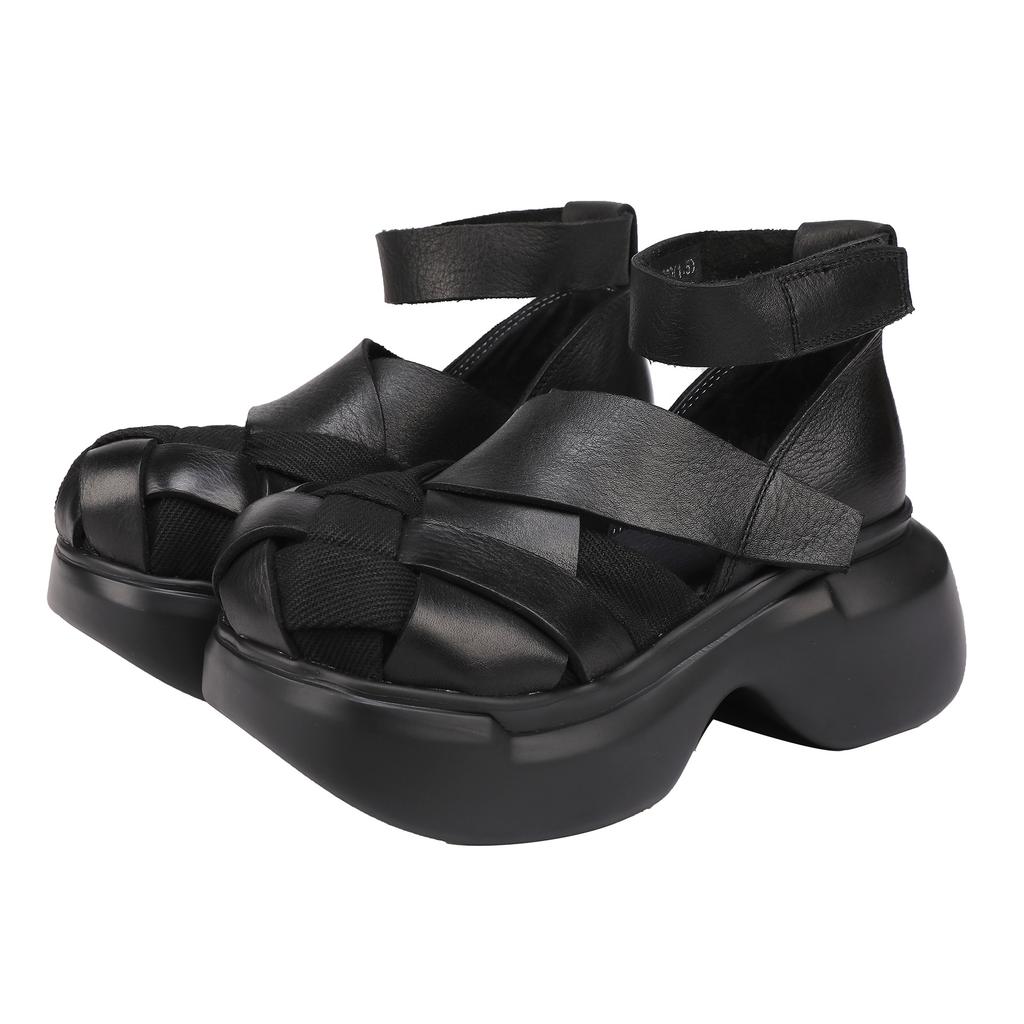Johnature Echtes Leder Gewebte Schuhe mit dicker Sohle Retro Handgefertigte Damen Plateau-Sandalen