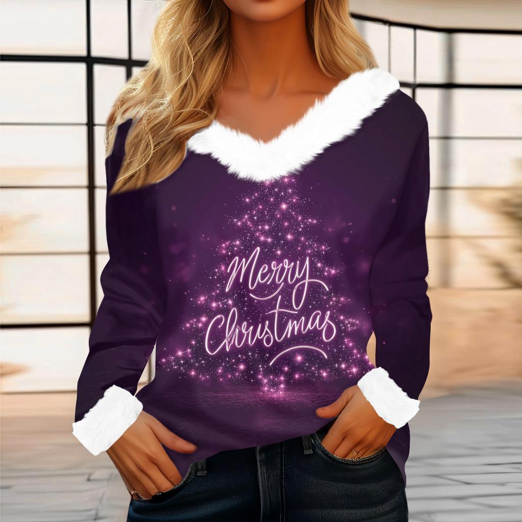 Kadın Günlük Moda Uzun Kollu Noel Baskılı Flanel Yakalı Üst