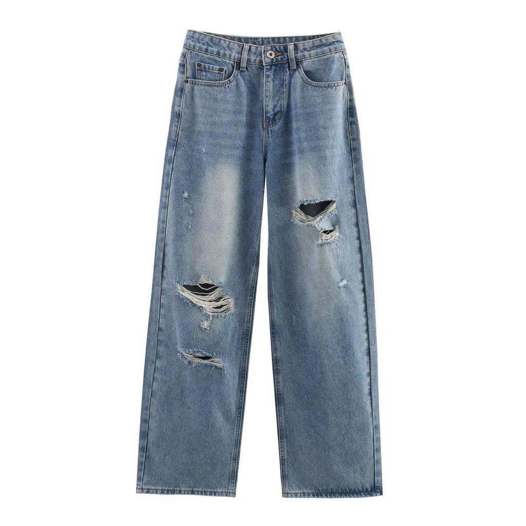 2025 Spring Women's Fashion Cotton Loose Ripped Straight Leg Jeans for a Slimming Look
