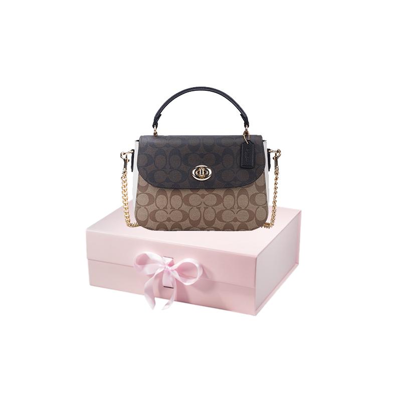 COACH handbag Marlie 24 Color-blocked Knob Flap Presbyopia Canvas with Leather Small Square Bag Cambridge Bag Hand Crossbody Bag Medium Women's Black