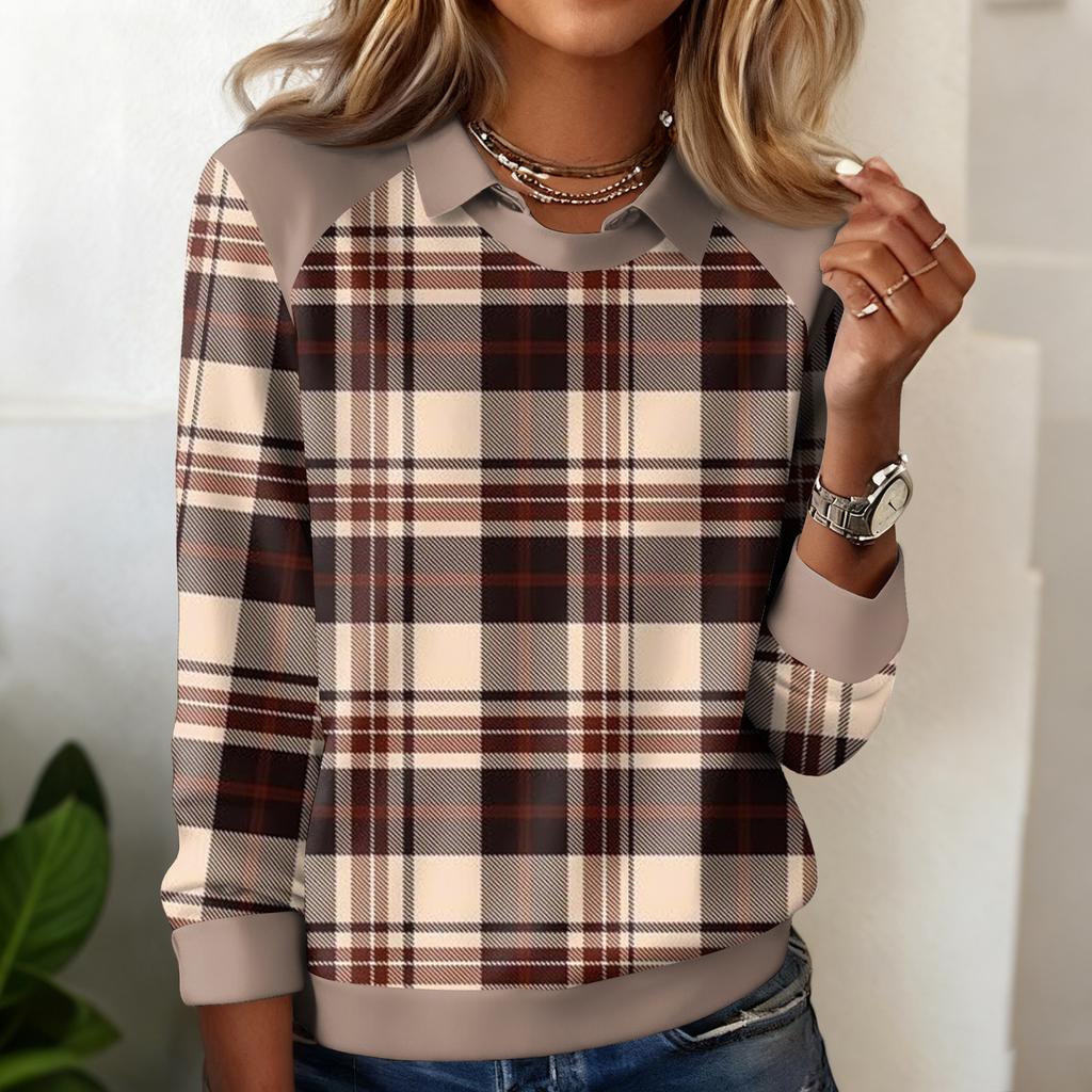 Damen Karomuster Bedrucktes Lässiges Langarm-Sweatshirt-Top