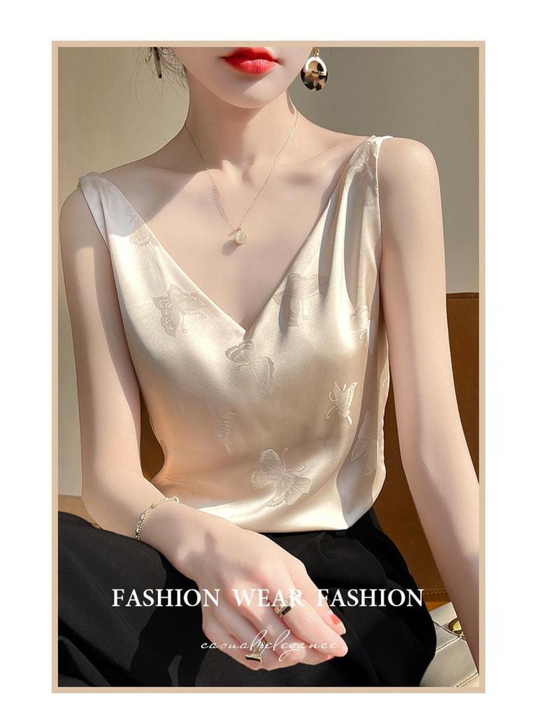 2023 Summer Women's V-Neck Silk Satin Camisole with Draped Silhouette