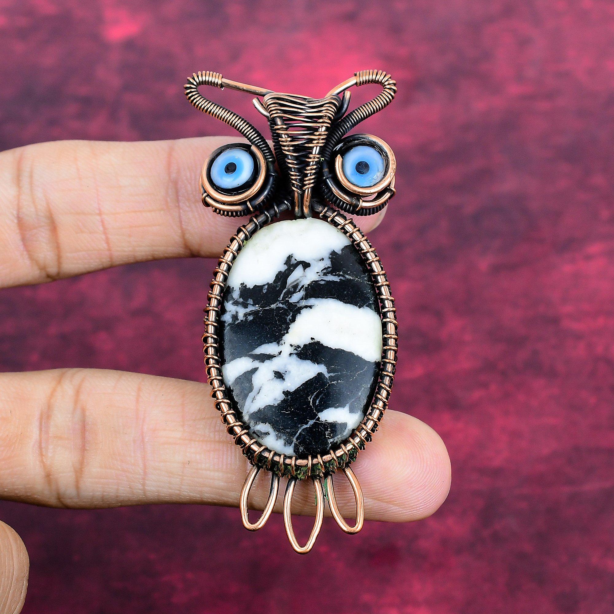 

White Buffalo Turquoise & Black Evil Eye Pendant Copper Wire Wrapped Owl Pendant
