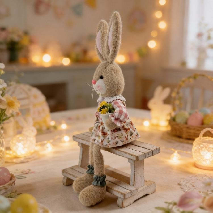 Sturdy Long Leg Sitting Easter Rabbit Plush Desktop Decoration Creative Party Display Ornament for Safe Use