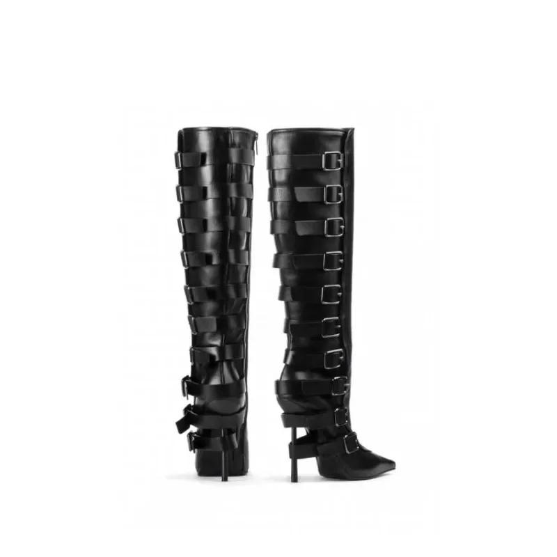 Fashion Brand Black Belt Buckle High Heels Knee High Boots Autumn Winter Women Fashion Pole Dance Pointed Solid Color Knight Boots 34-46