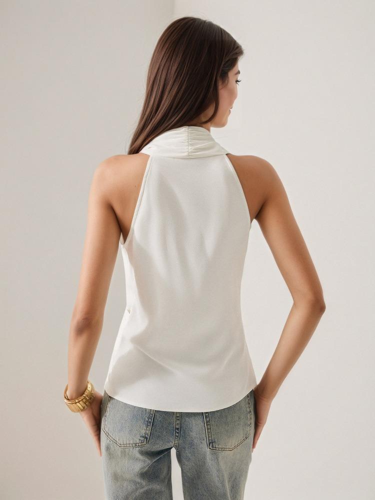 Satin V-neck Fitted Sleeveless Tie-Front Blouse for Women Elegant French-Style Off-the-Shoulder Waist-Cinched Summer Top for The Office