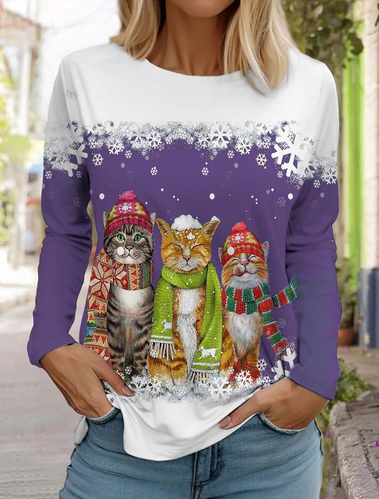 Large-sized Funny Women Christmas Cat Pattern T-Shirts Autumn Long Sleeve Christmas Snowflakes 3D Printed Street Ladies Clothing Casual Tops