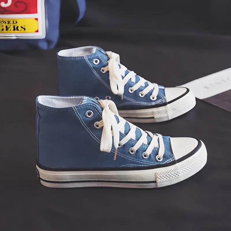 Women's Black High-Top Canvas Sneakers, Classic Retro Lace-Up Casual Shoes Non-Slip Rubber Sole, Comfortable Breathable Canvas Upper