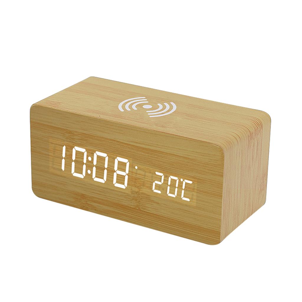 Wooden Digital Alarm Clock with Wireless Charging, 3 Alarms LED Display Sound Control for Bedroom Bedside  