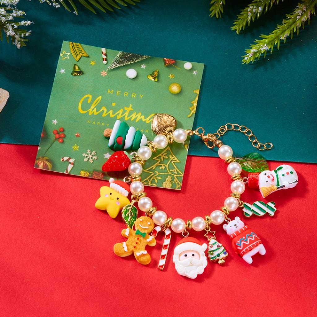 Christmas Resin Santa Claus Gingerbread Snowman Bracelets Deer Star Tree Strawberry Imitation Pearl Bangle For Women Men Jewelry
