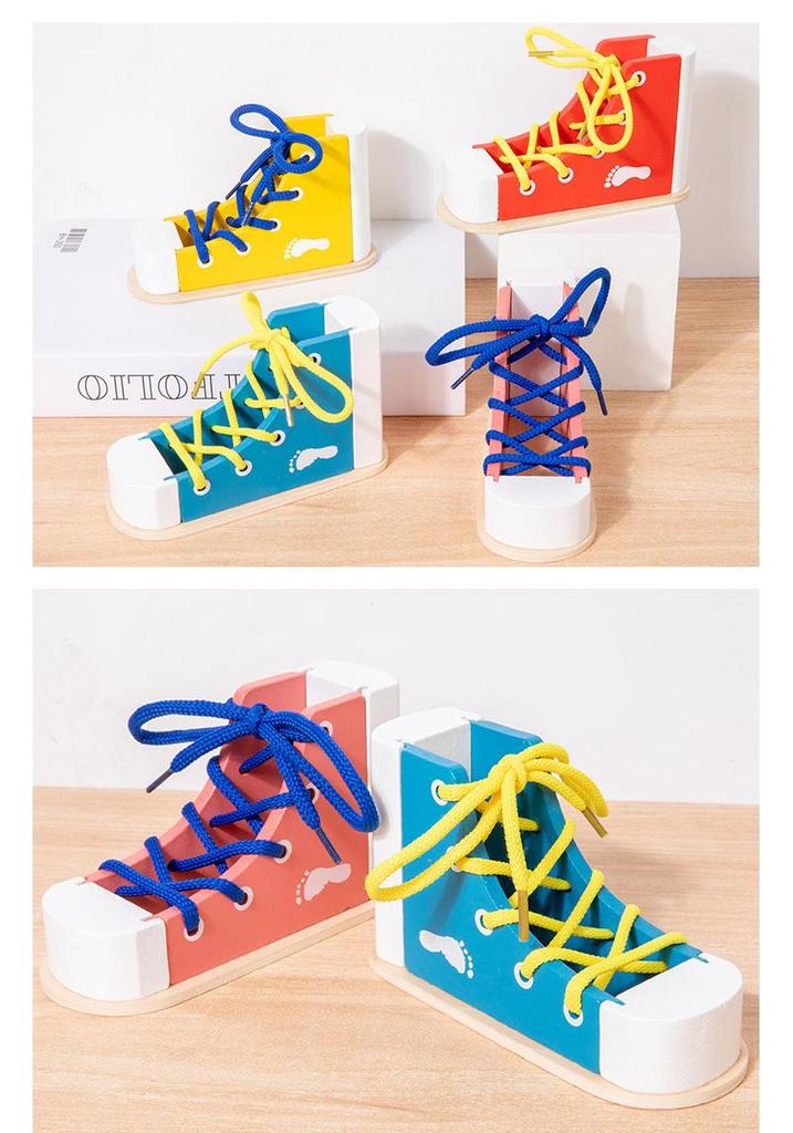Montessori Wooden Lacing Shoe Toy for Kids