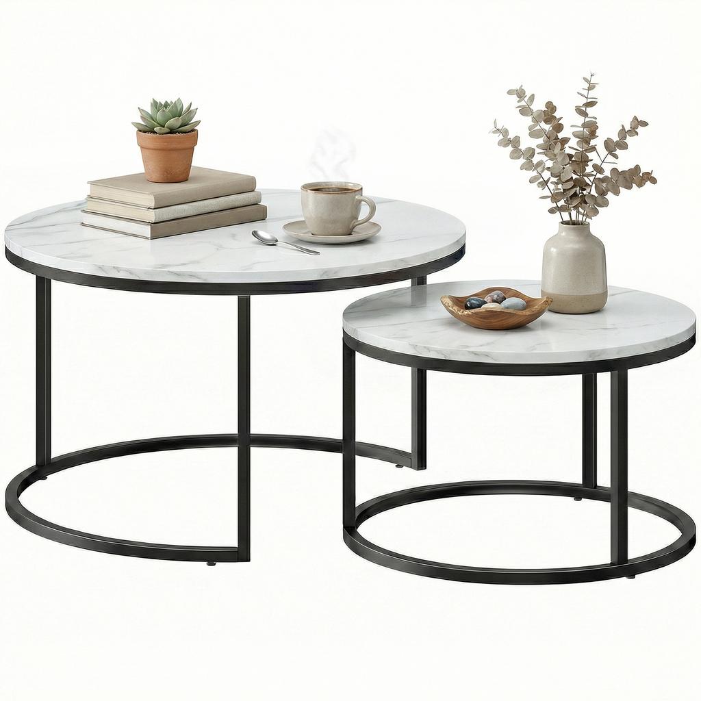 Set of Two Marble-Effect Stacking Tables - White
