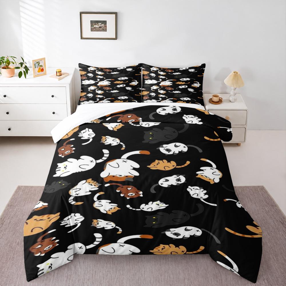 Black Background Chubby Cats Bedding set (1 duvet cover, 2 pillowcases, duvet not included), Cute Cartoon Kitties in Poses Flat Illustration Print