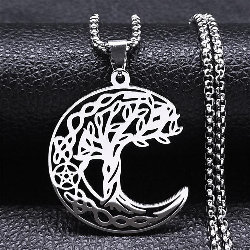 Witch Pentagram Tree Of Life Crescent Moon Necklace Stainless Steel Amulet Protection Star Goddess Necklaces Jewelry collier