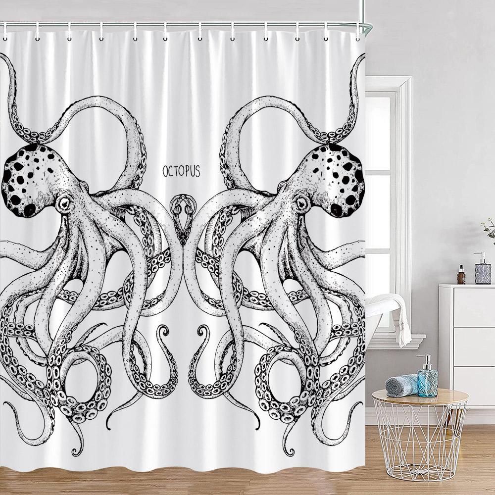 Octopus Shower Curtains Ocean Animals Funny Octupus Undersea World View Bathroom Curtain Nautical Bath Decorations with Hooks