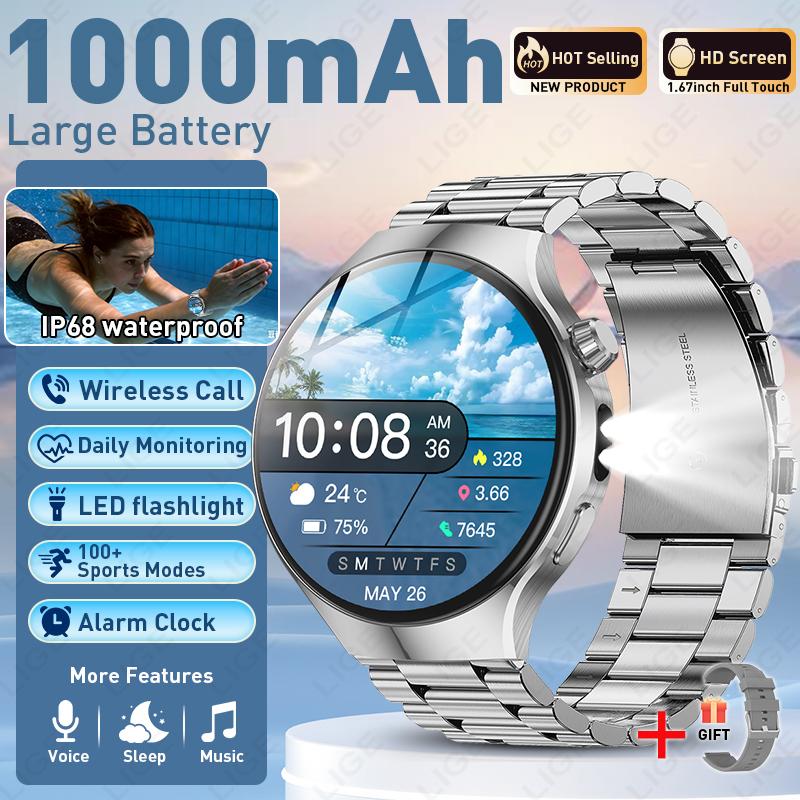 2026 New Military 1000mAh Battery Men's Smart Watch For Men Health Monitoring Bluetooth Call 100+ Sports Mode Flashlight Sport Fitness Smartwatch