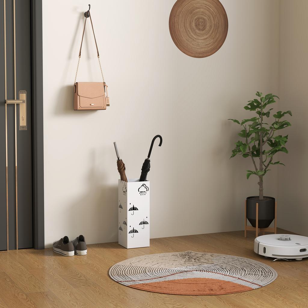 Steel Umbrella Stand With Drip Tray Hooks For Folding Umbrellas And Decorative Design 15.5x15.5x41 Cm White