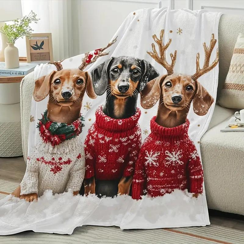 1 Christmas Dachshund Reindeer Horns Flannel Blanket - Cozy and Warm, Great for Sofa, Bed, Travel, Camping and Office Decoration