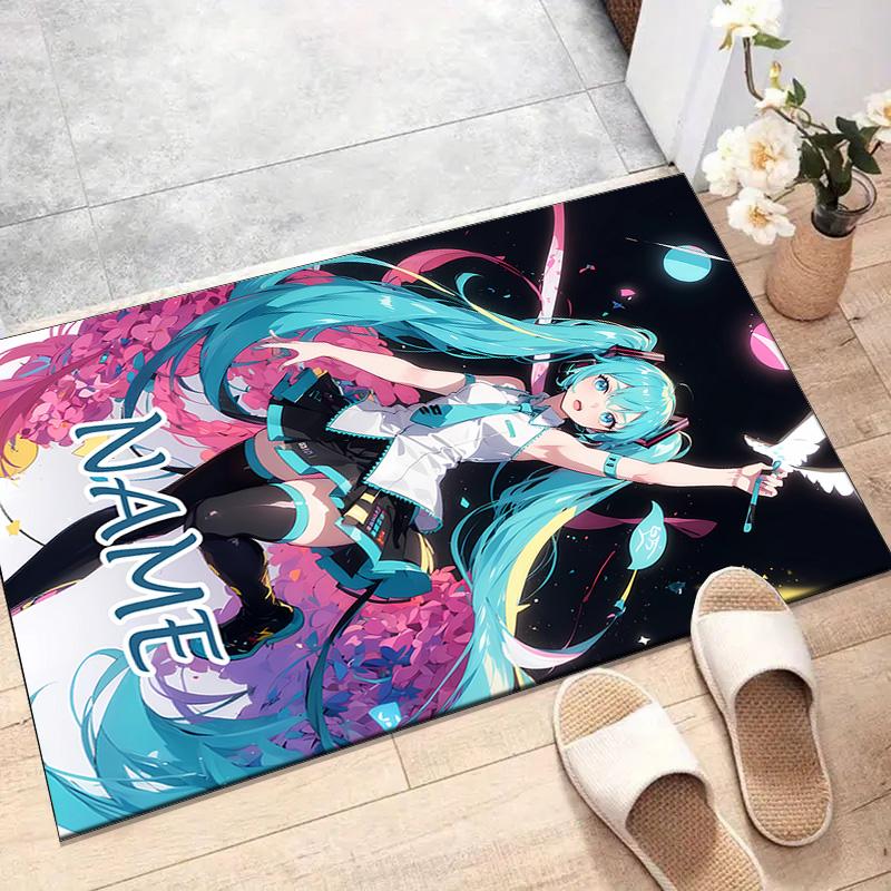 Custom Hatsune Miku Mat Personalized Name, Polyester Washable Indoor Entryway Rug, Gift for Christmas, Easter, Thanksgiving Day