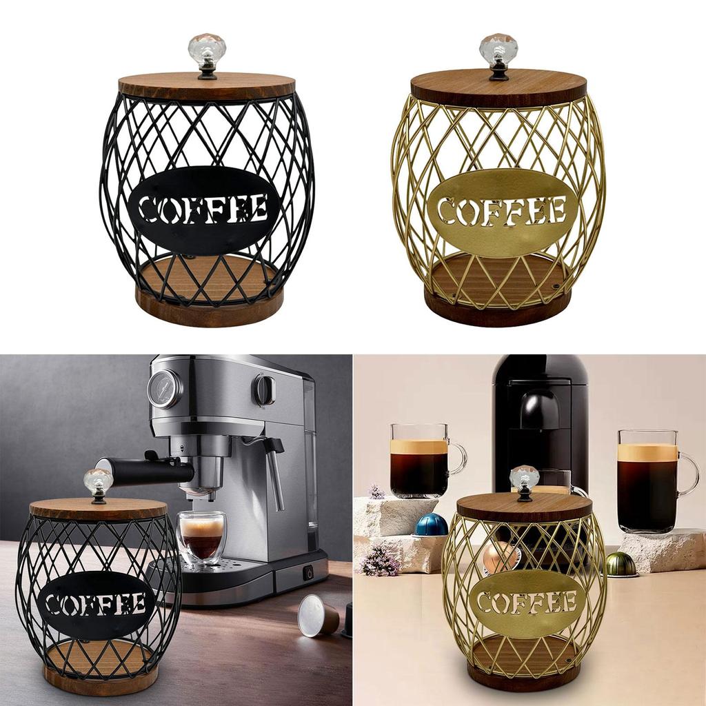 Coffee Pod Holder Large Capacity with Wood Base Storage Cup Coffee Pod Basket Organizer Cup for Hotel Family Kitchen Home Cafe
