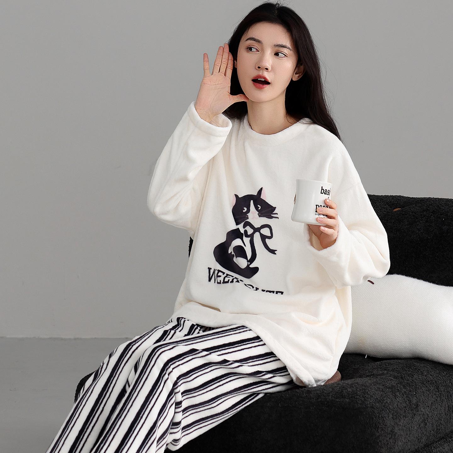 

Flannel Pajamas Women Autumn And Winter Cartoon Sweet Thickened Warm Coral Fleece Loungewear Set 2XL