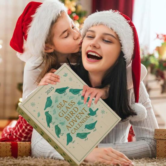 Meeresglas Vogel Adventskalender 2025 24-Tage Weihnachts-Countdown-Box mit Acryl-Vogelornamenten Einzigartiges Weihnachtsgeschenk für Naturliebhaber