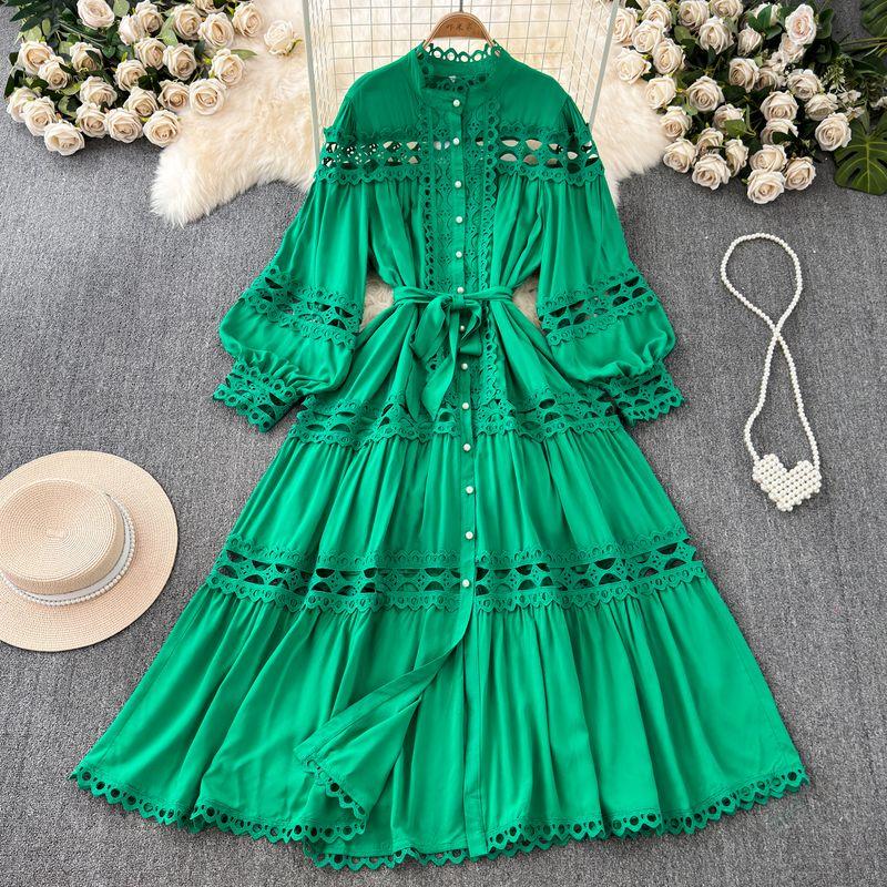 

Весна и Осень Винтажный Придворный Стиль Фонарь Длинный Рукав Воротник-стойка Приталенное Платье-миди Элегантность Официальное Платье Green L